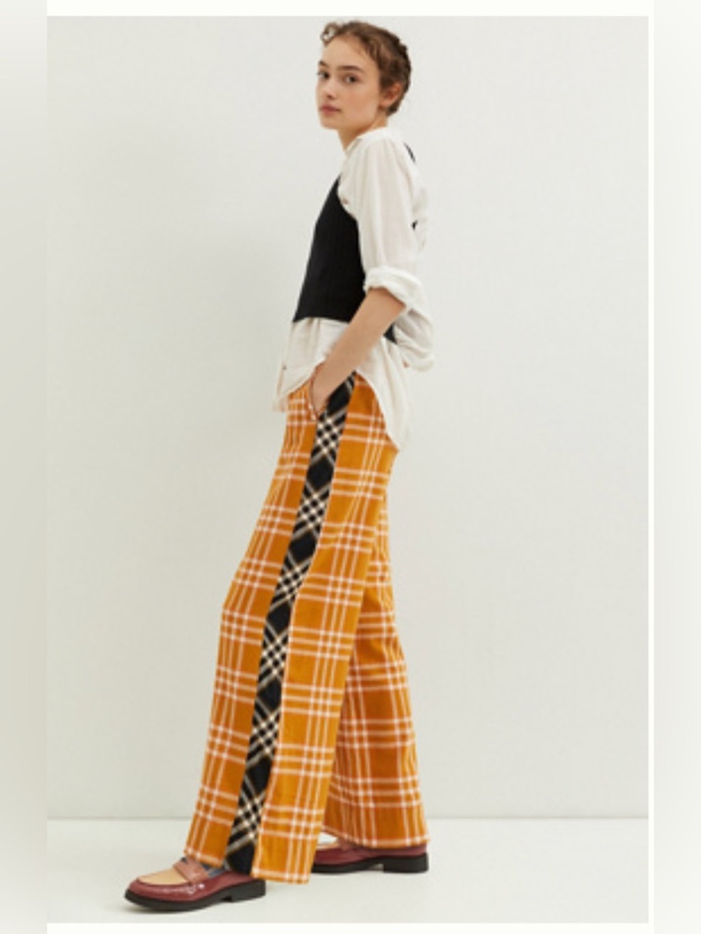 Maeve Anthropologie Mustard Plaid Wide-Leg Pants with Black Side Stripe